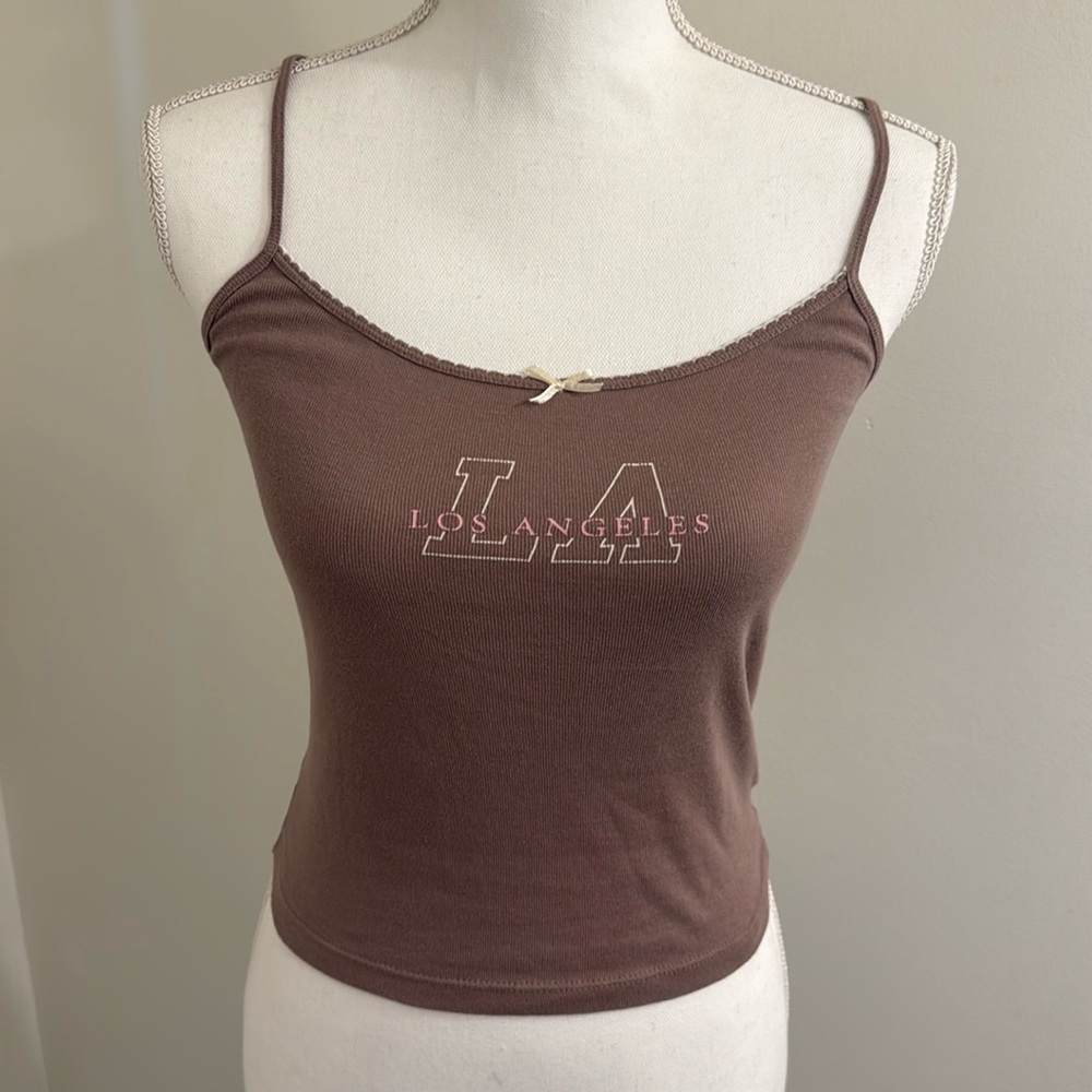 Obsessive Love Y2K Tank Crop Cami Top Juniors XS Brown Lace Trim Bow Los Angeles